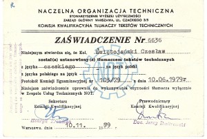 Zaświadczenie tłumacza technicznego Naczelnej Organizacji Technicznej NOT